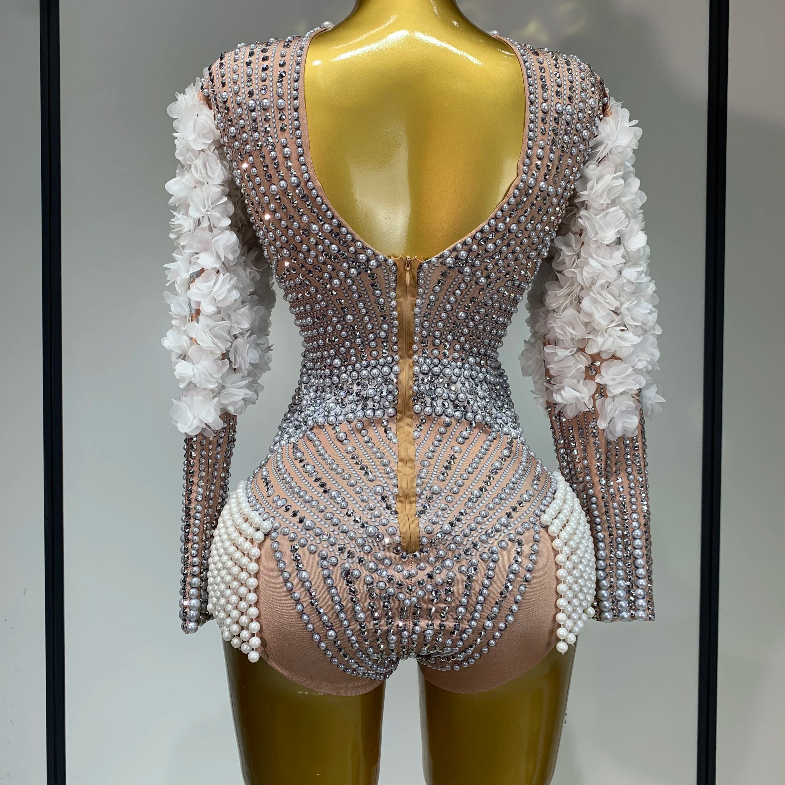 Sparkly Luxury Sheath Bodysuit Women Sexy Pearls Rhinestone Flowers Stage Singer Outfit Nightclub Performance Dance Costume