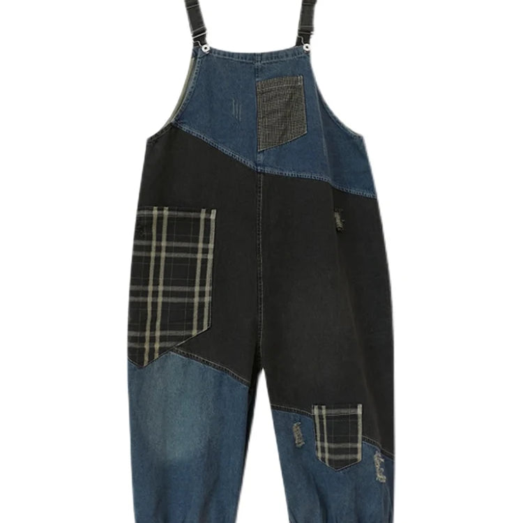 Korean Fall Jeans Women Plaid Ripped Denim Overalls Ladies Vintage Punk Loose Pants Luxury Classic Casual Trousers