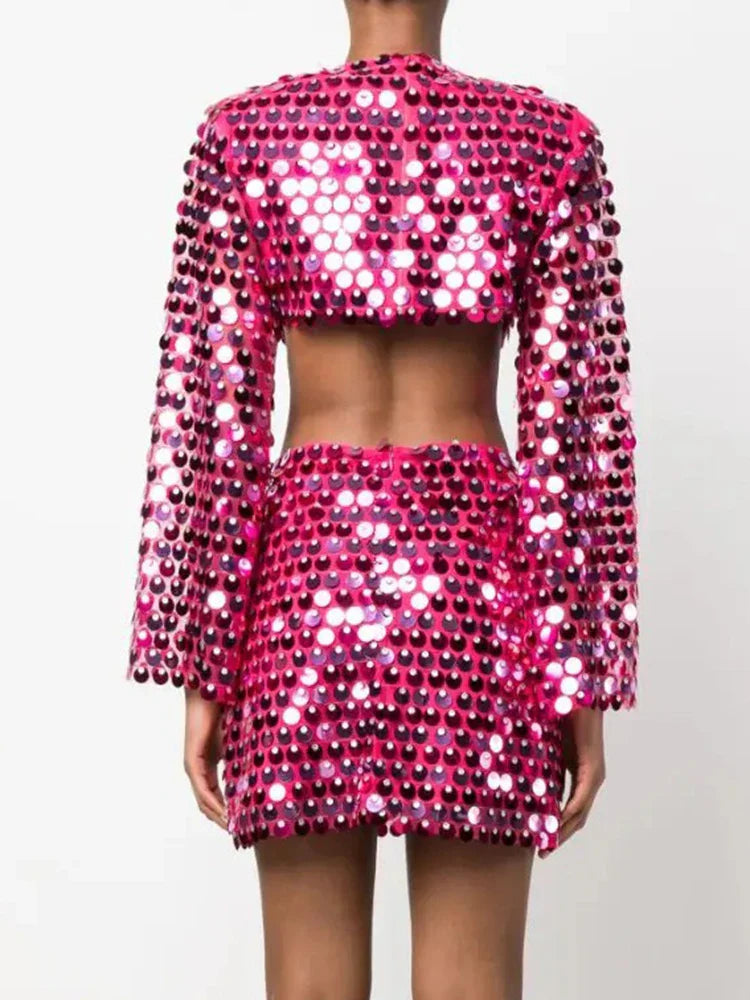 DEAT Fashion Trendy Women's Hollow Out Sequins Irregular Dress Spring New O-neck Long Sleeves Dresses Female 33A1208