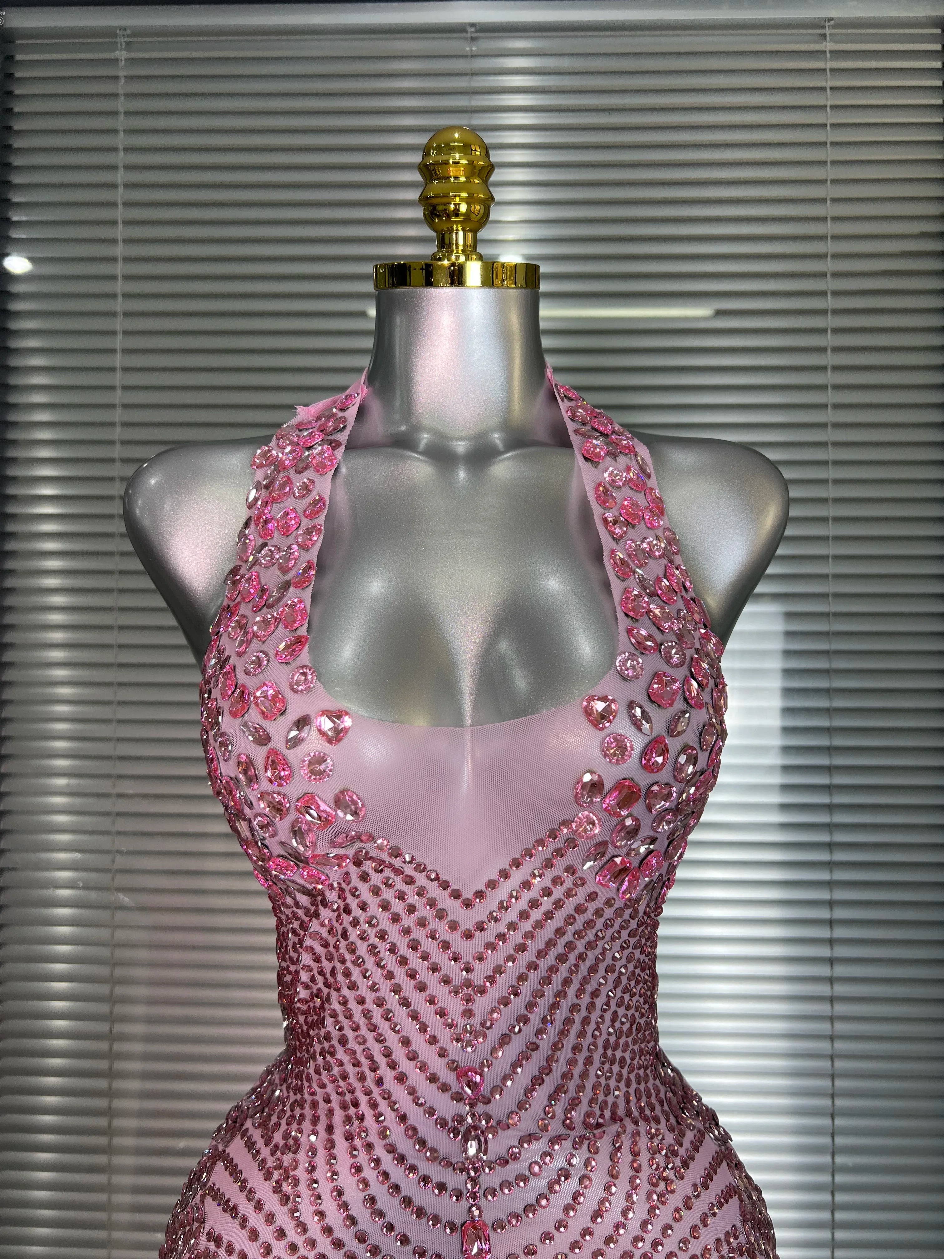 Celebrity New Women Sexy Pink Mesh Halter Stage Performance Costume Dancer Singer Night Club Mini Party Dress