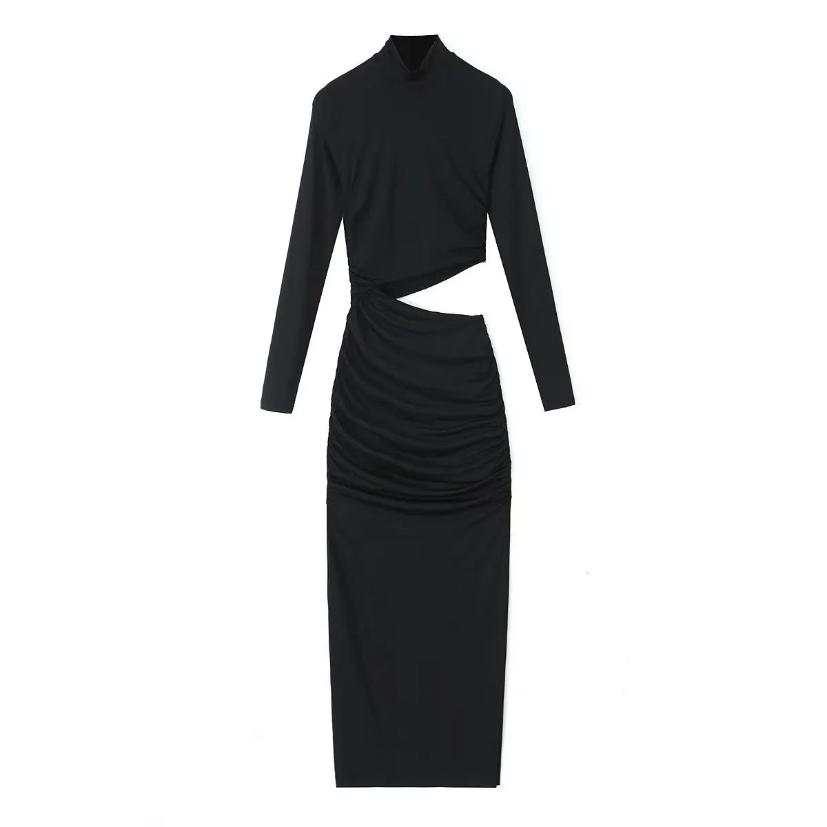 TRAFZA Female Vintage Chic Dresses Solid Color O-Neck Long Sleeve Hollow Out Waist Folds Women's Autumn Fashion Long Dresses black