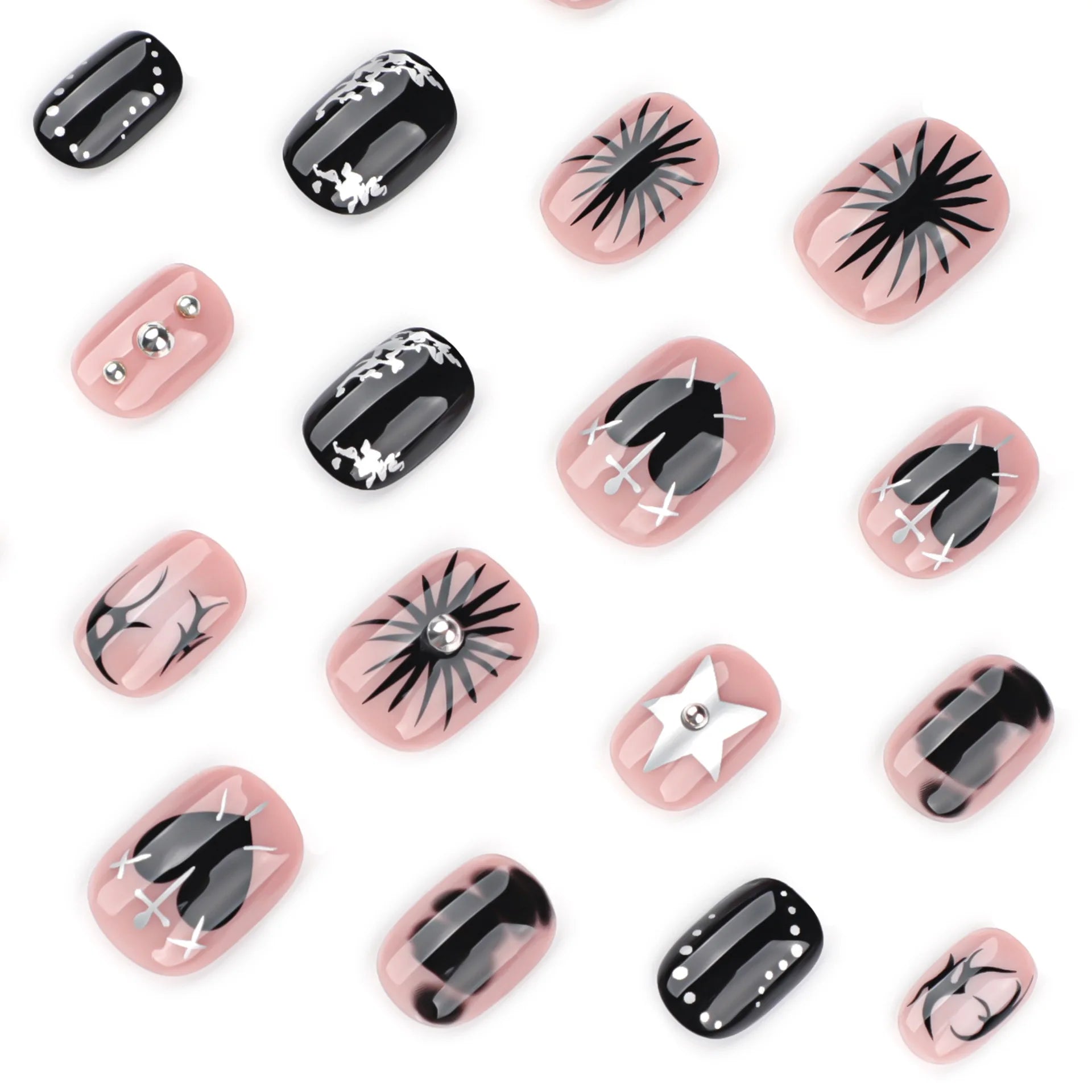 Y2K Girls Black Fake Nails 24Pcs Short Oval Shaped Press On Nails Silver Star/Love Heart/Bowknot Printed Stick-on False Nails