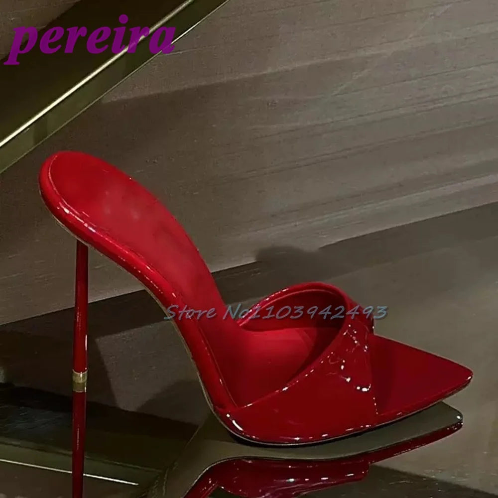 Red Patent Leather Heeled Sandals Shallow Slip On Mules Solid Sexy Heels Stiletto Summer 9CM Shoes Peep Toe One Strap Sandalias