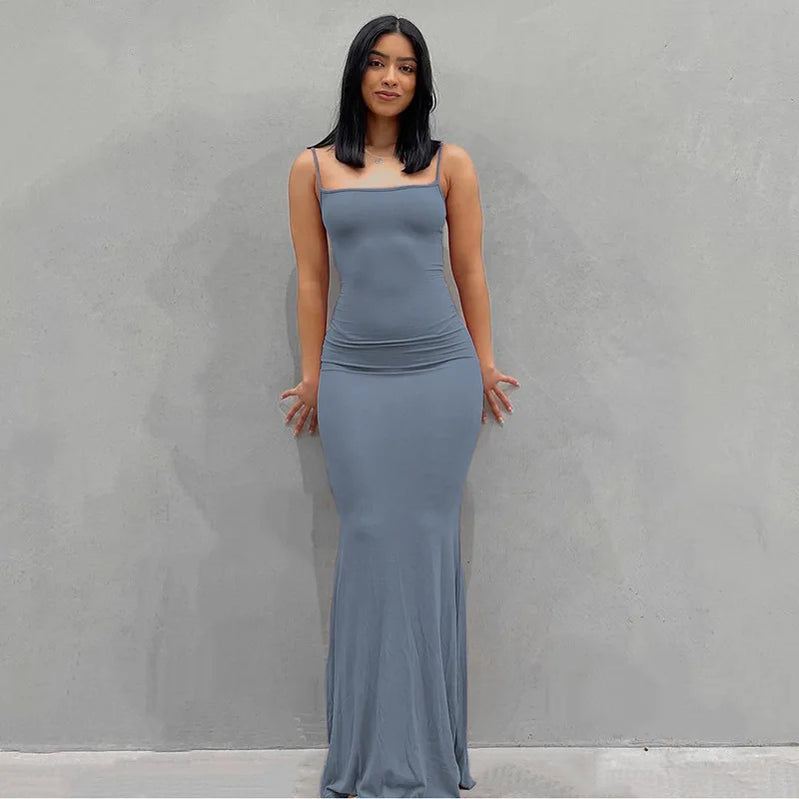 Satin Slip Sleeveless Backless Maxi Dress Women Y2K Summer Bodycon Elegant Sexy Outfits Ladies Birthday Party Club Sundress Blue