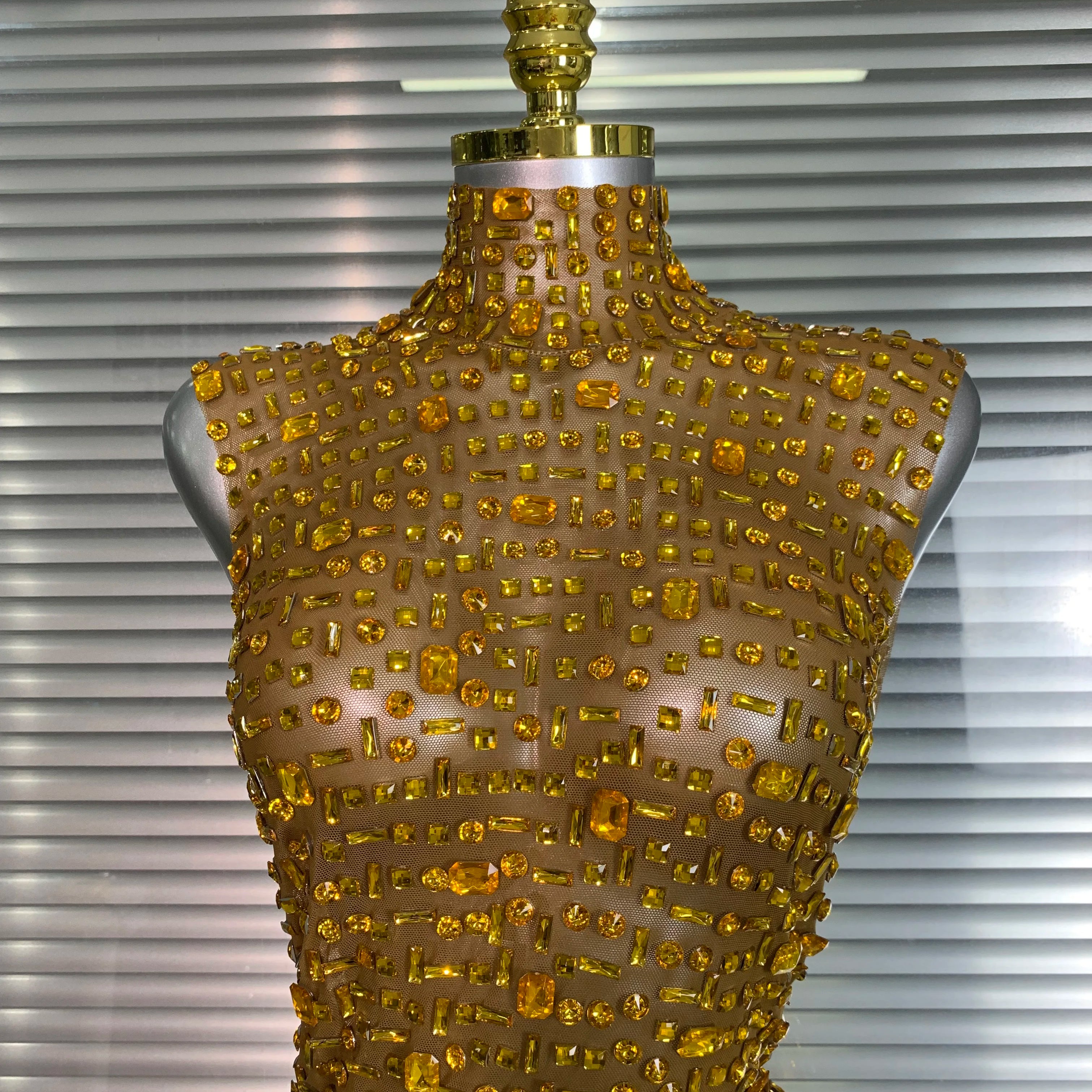 Women Sexy Mesh Crystal Diamonds Mini Performance Costume Stage Dancer See Through Stretchy Gold Night Club Party Dress