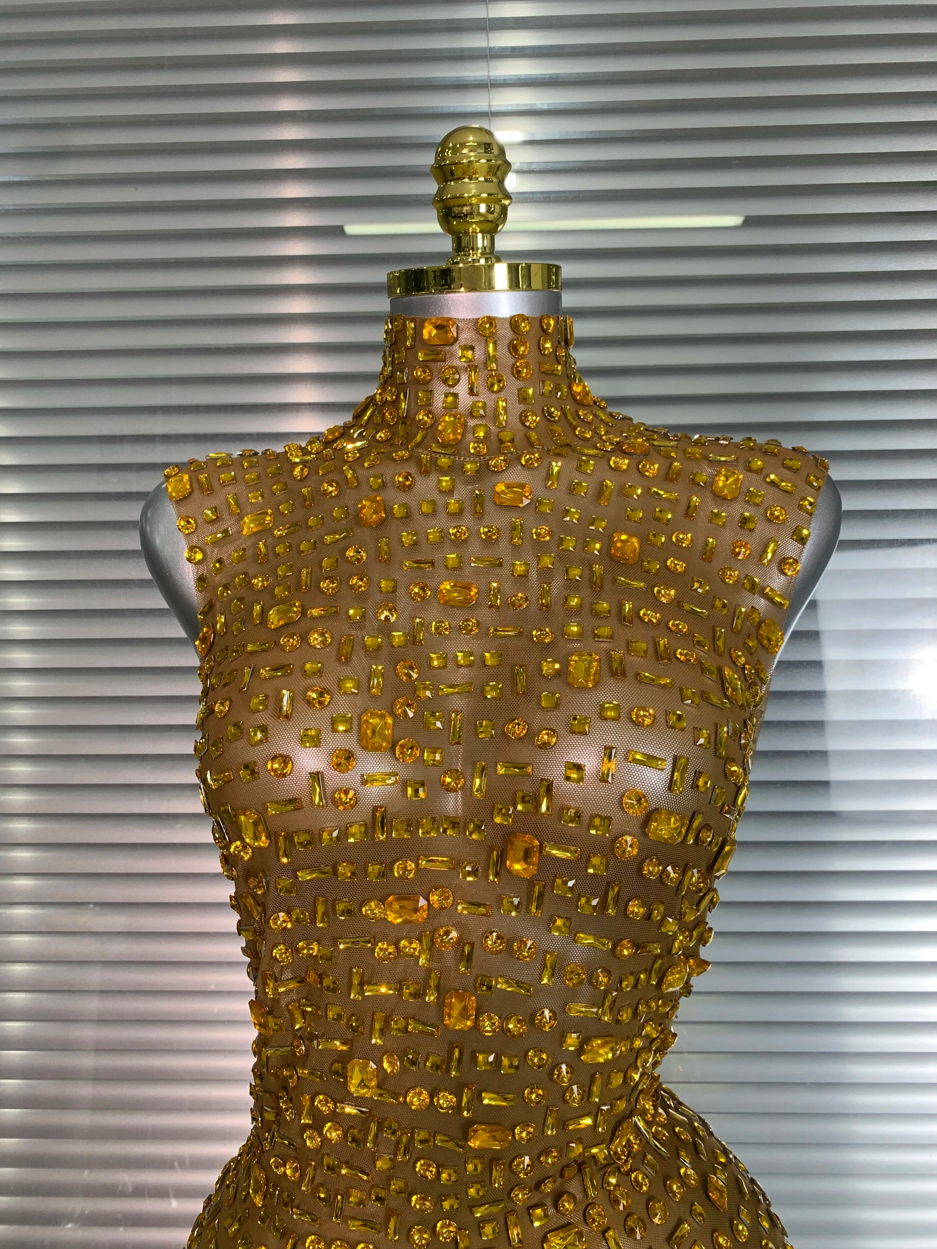 Women Sexy Mesh Crystal Diamonds Mini Performance Costume Stage Dancer See Through Stretchy Gold Night Club Party Dress