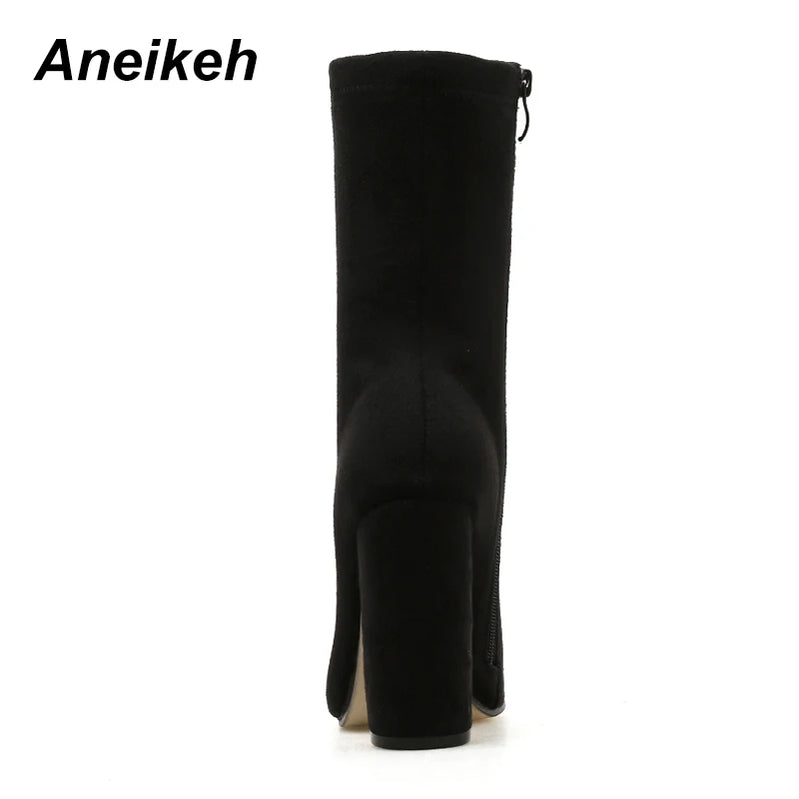 Black Faux Suede Square Heels Mid-Calf Women Pumps Boots Spring Fashion Pointed Toe ZIP Sexy Solid Party Size 35-42