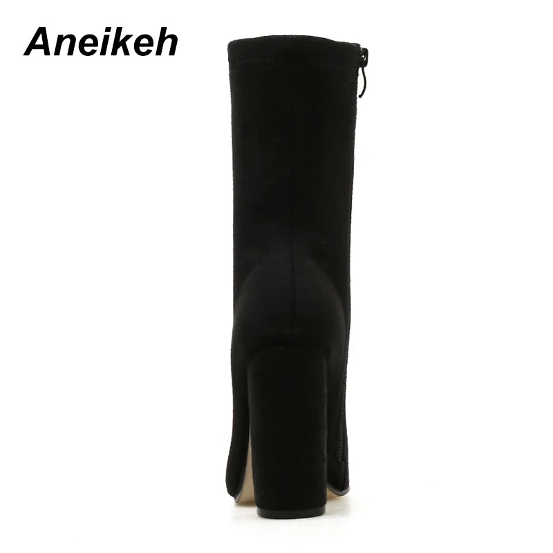 Black Faux Suede Square Heels Mid-Calf Women Pumps Boots Spring Fashion Pointed Toe ZIP Sexy Solid Party Size 35-42