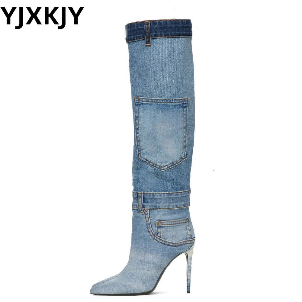 YJXKJY Women Worn Washed Cloth Over The Knee Boots Sexy Ladies Dilapidated Blue Denim Pocket Pointed Toe High Heels Party Shoes