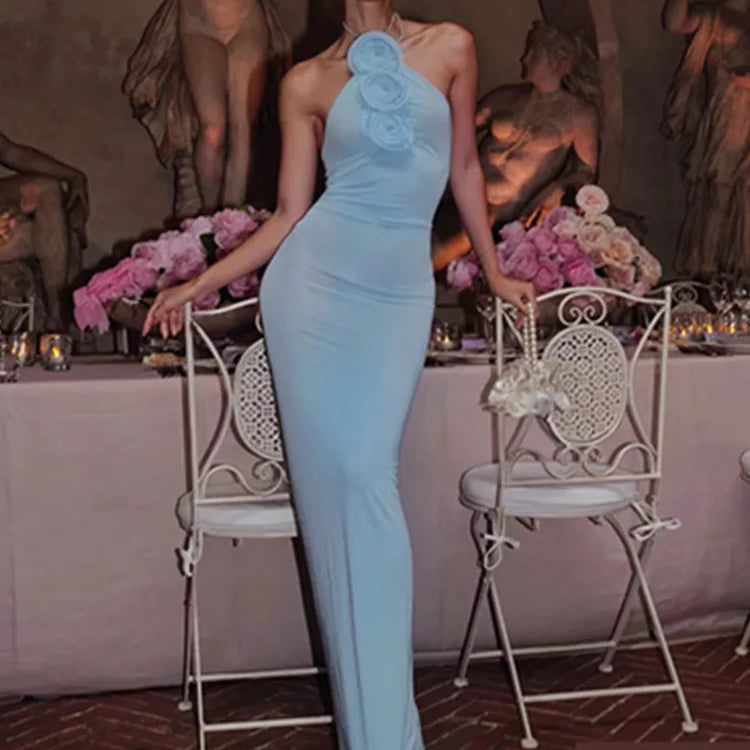 Women Celebrity Sexy Backless Halter Flower Sky Blue Maxi Long Gowns Dress 2024 Elegant Evening Party Club Dress Vestido