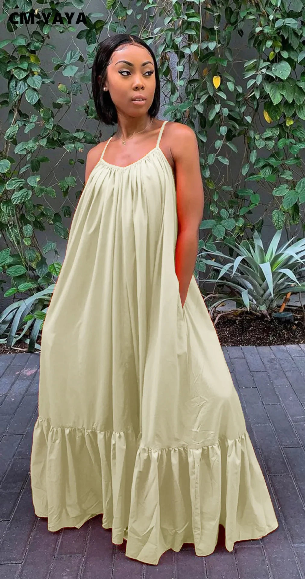 CMYAYA Women Summer Long Maxi Dress Sexy Sleeveless Strap Loose Beach Party Night Club Bandage Female S-5XL Dresses Vestido