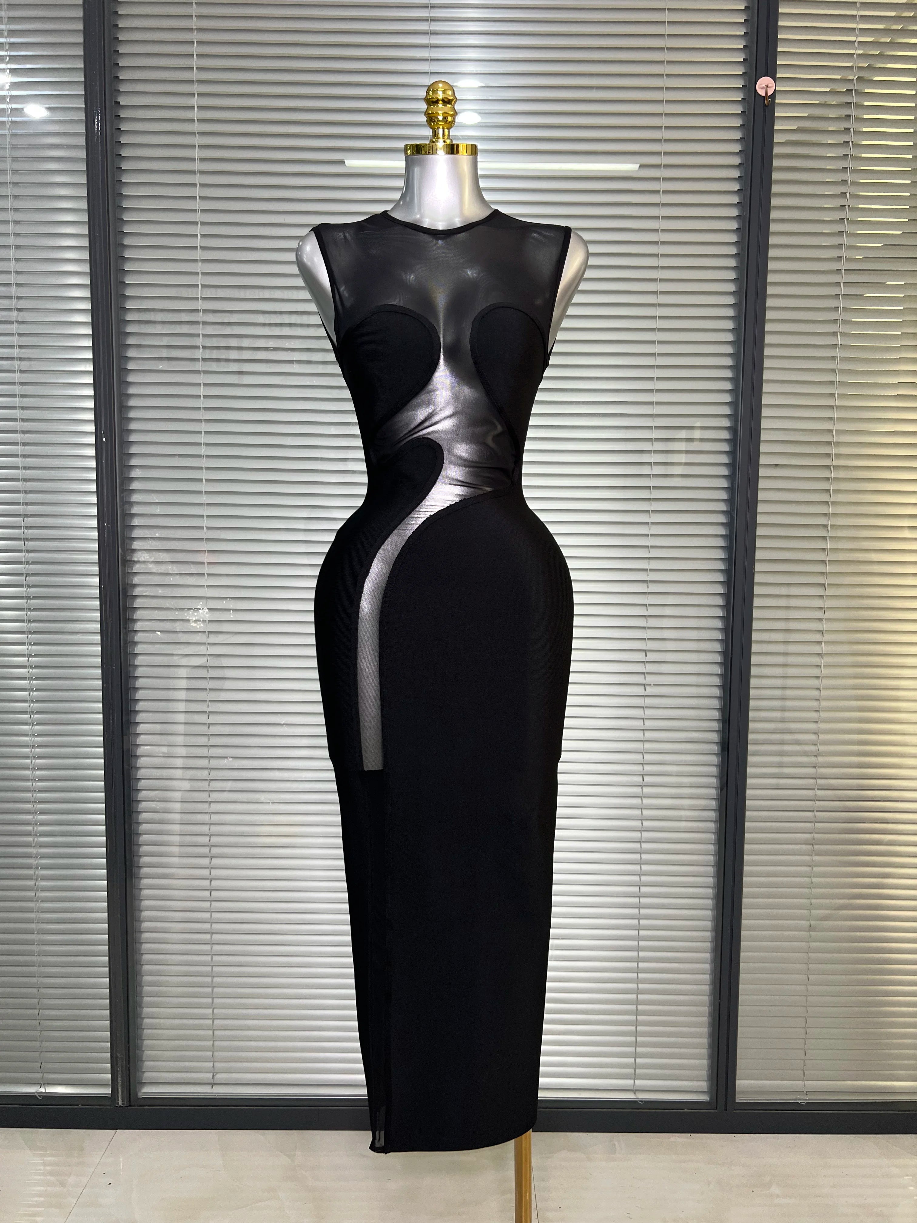 Ins New Women Black White Long Bodycon Bandage Dress Knitted Mesh Tank Evening Party Dress Vestido