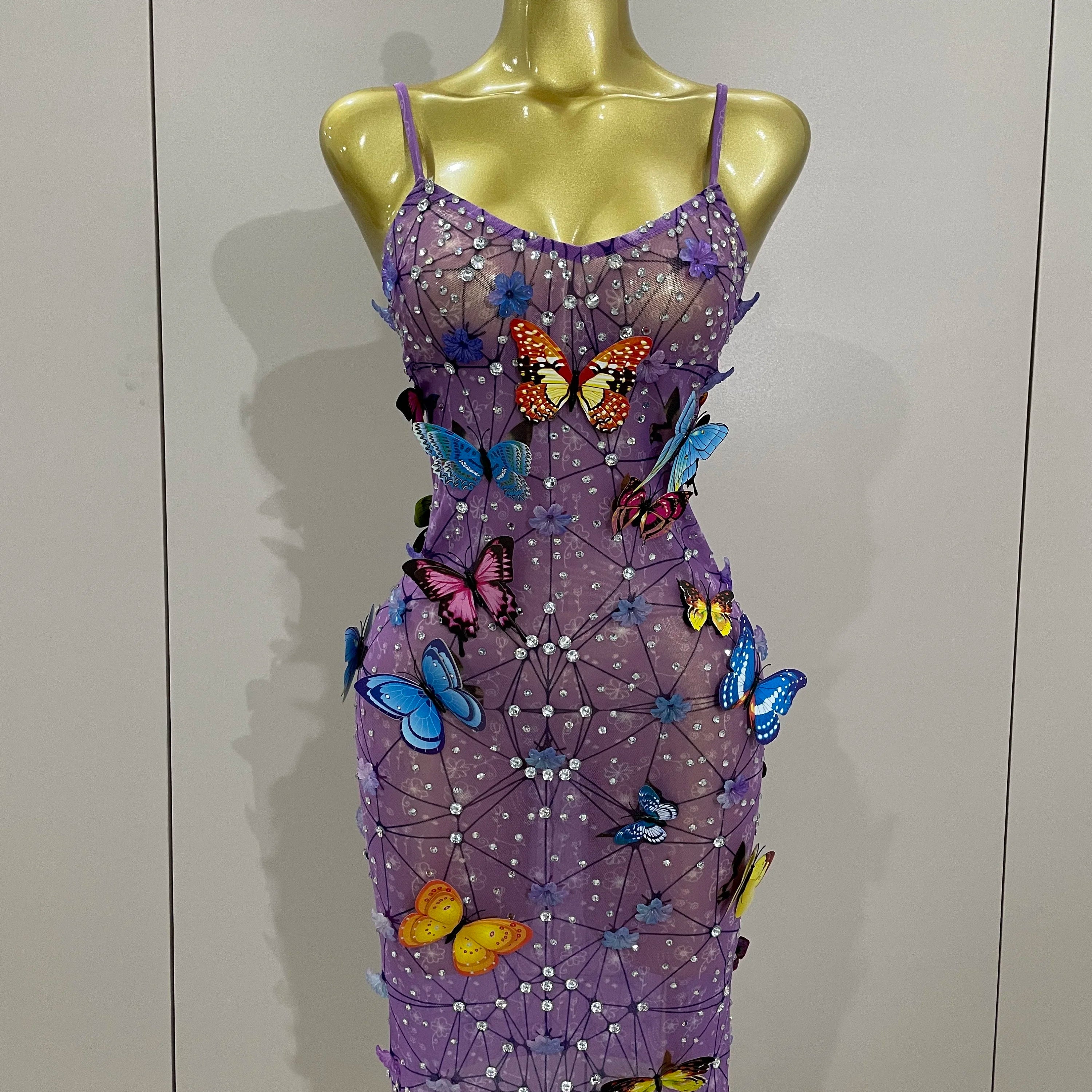 Women Celebrity Luxury Birthday Nightclub Stage Outfit 2025 New Arrival Sparkly Butterfly Purple Sexy Mesh See Through Dress