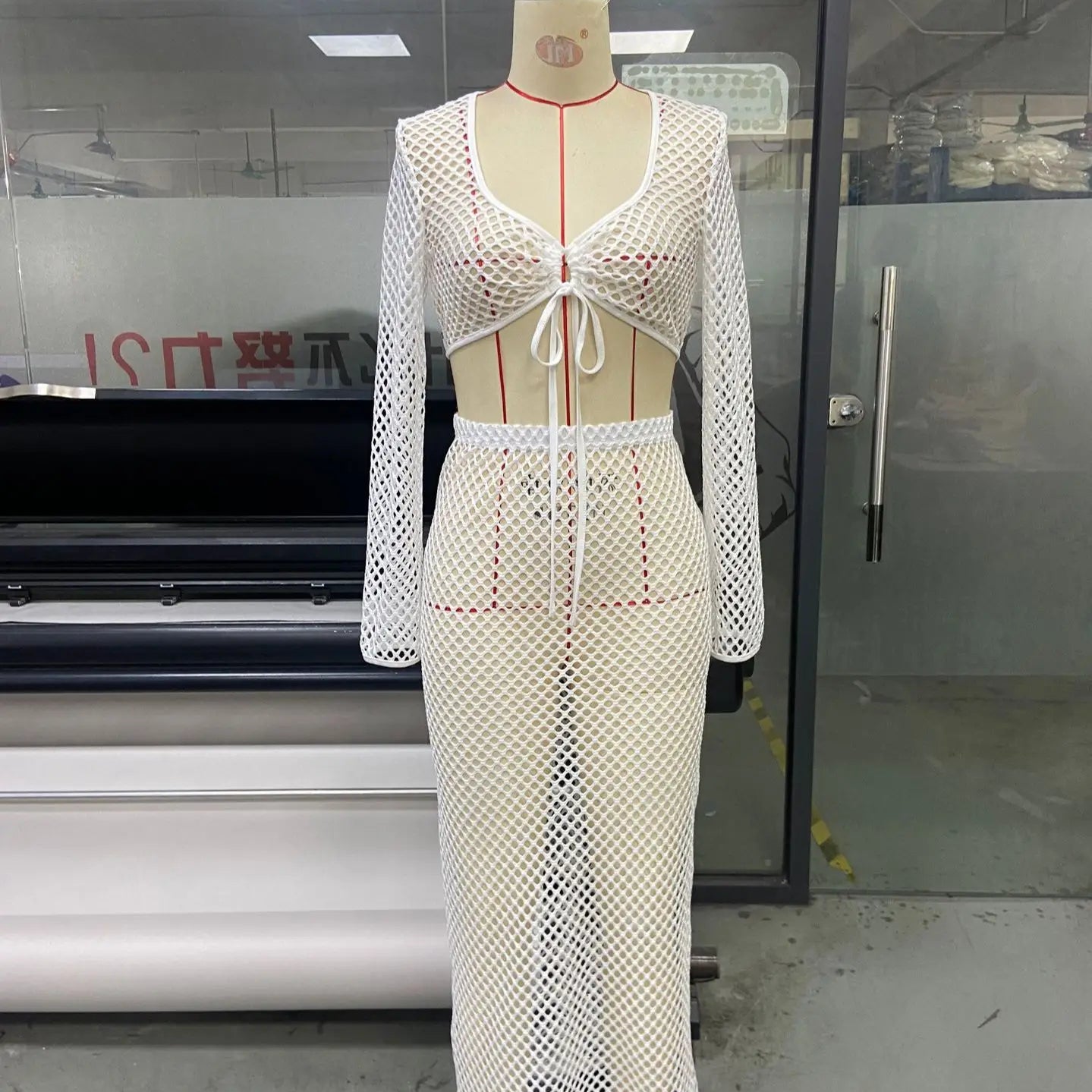 Women's Summer 2PCS Outfit Sets Long Sleeve Tie Up Crop Tops + White Long Knit Hollow Skirt