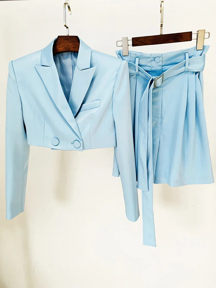 HIGH STREET Newest Fashion Designer Runway Suit Set Women's Satin Crop Blazer Jacket Belted Shorts Set 2pcs