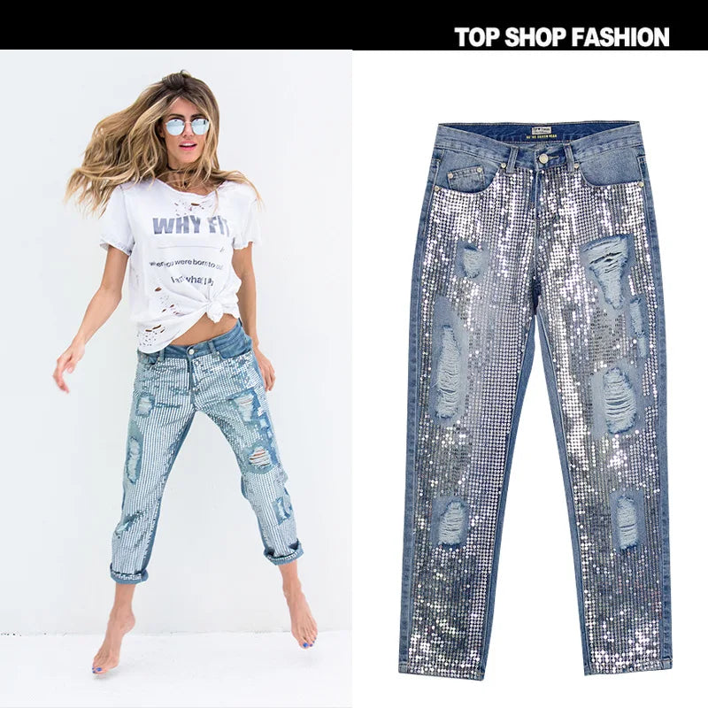 Women's mid rise loose fitting straight denim cropped pants with trendy metal colored worn holes beads Sequin decoration jeans