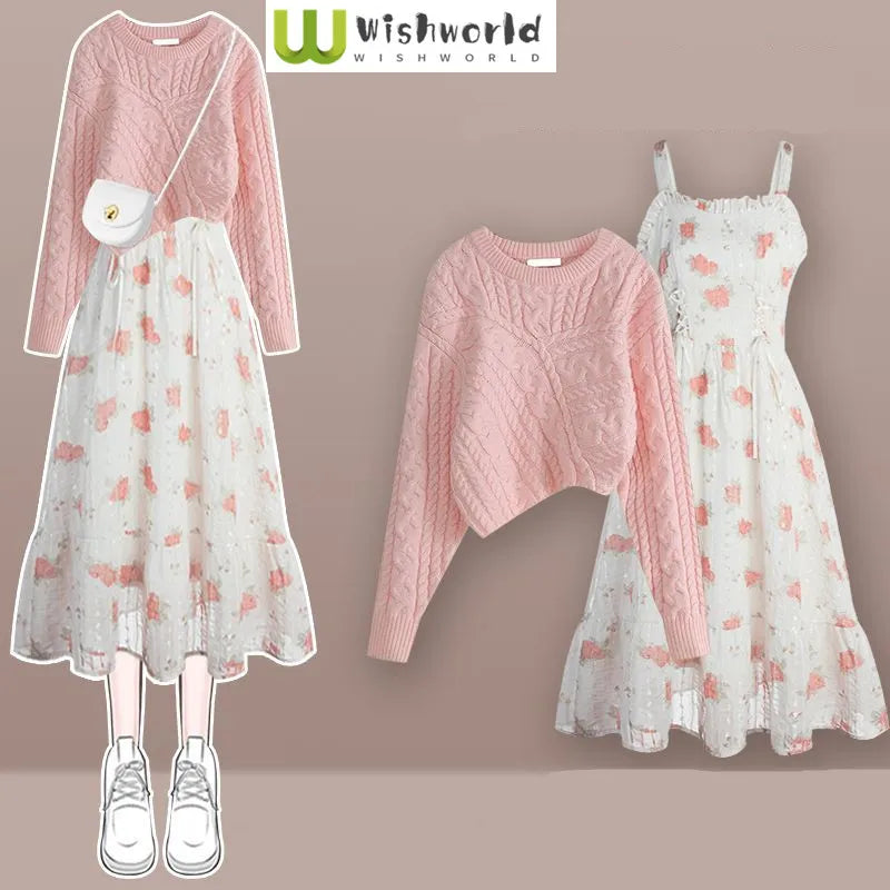 Korea Asymmetric Thickened Knitted Sweater Pullover Fashion Print Strap Dress Two Piece Elegant Women's Party Dress 2pcs set 01