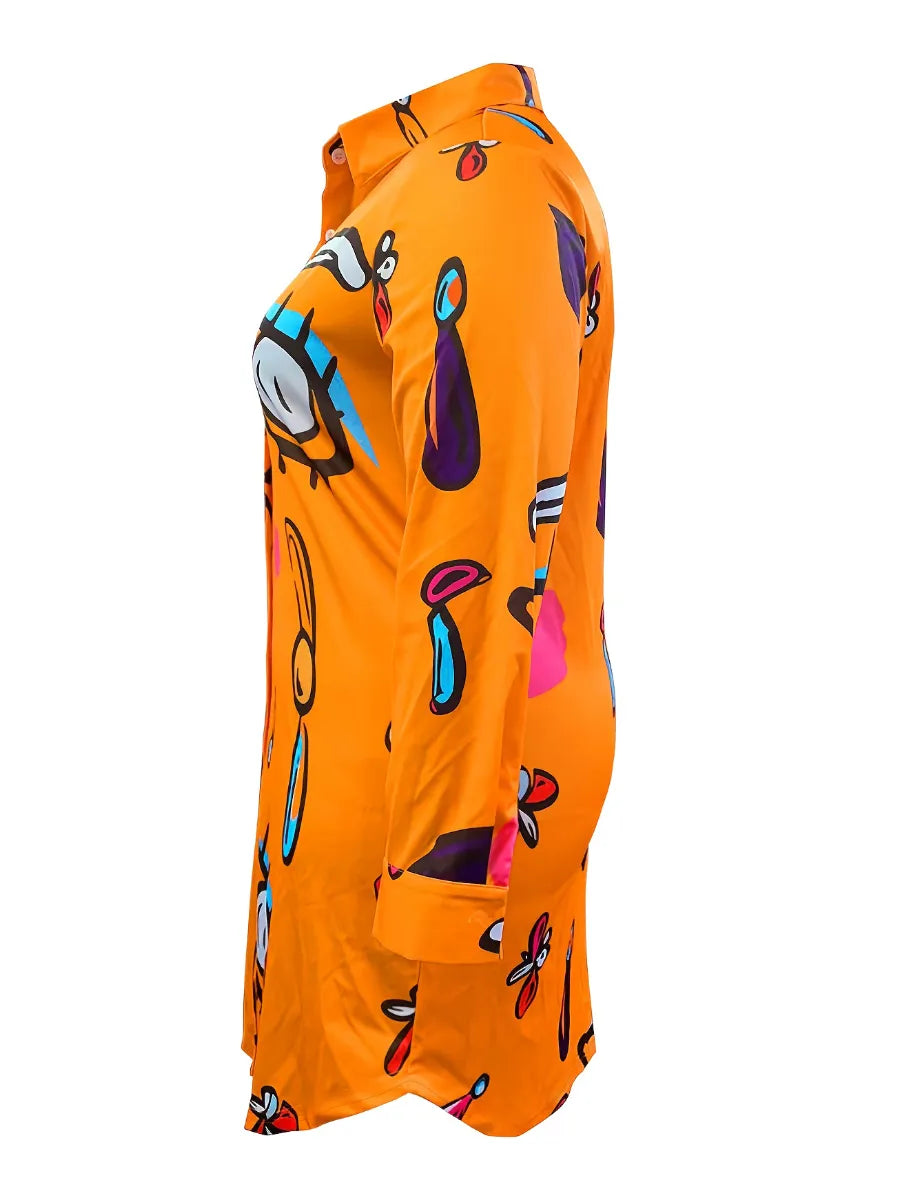 Oversize Single Breasted Button Irregular Shirt Dresses Autumn Women Turn-down Collar Boho Print Loose Mini Dress XL-5XL