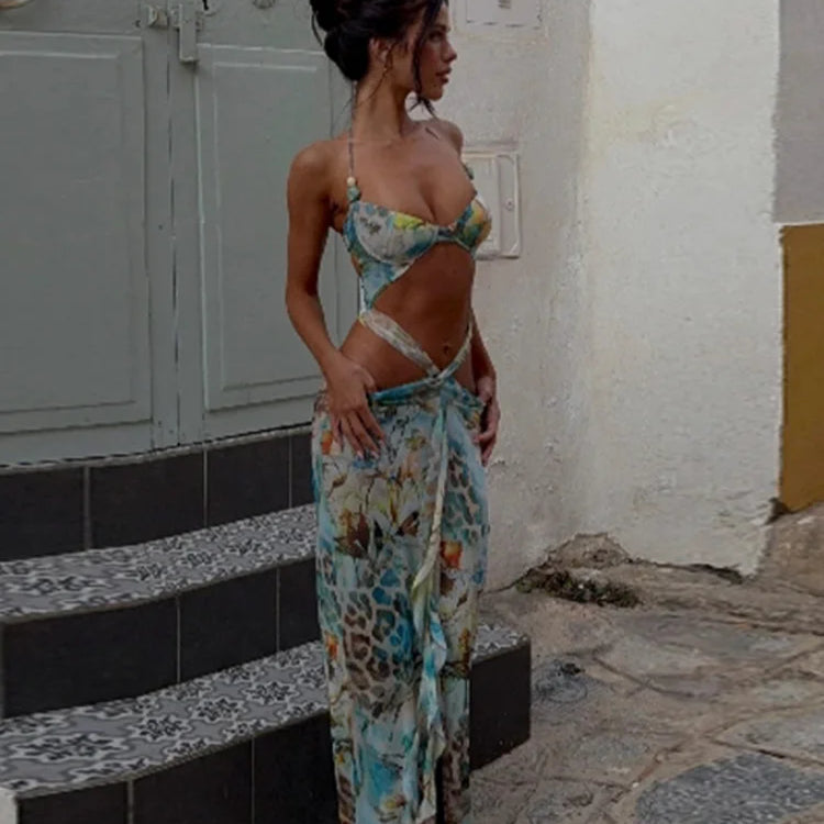 Vintage Green Printed Bikini Ruffles Hem Midi Dress Sexy Cut Out Halter Side Slit Dresses For Women Summer Beach Playwear 2025