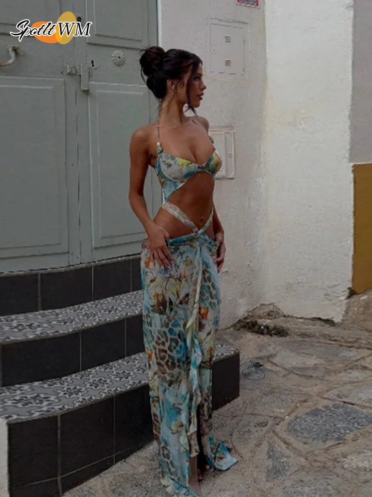 Vintage Green Printed Bikini Ruffles Hem Midi Dress Sexy Cut Out Halter Side Slit Dresses For Women Summer Beach Playwear 2025