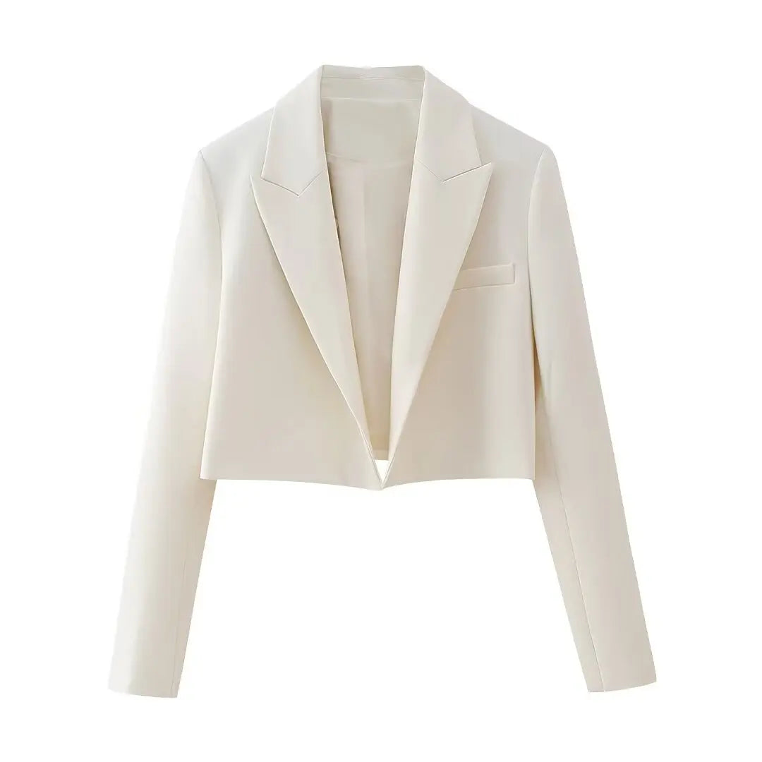 TRAF Spring Women's Solid Beige Blazer Suit Long Sleeves Cropped Blazer+High Waist With Belt A-Line Culottes Elegant Sets Beige Top