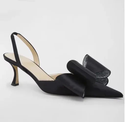 Butterfly-Knot Satin Rhinestones Sandals Pointed Toe High Heels Kitten Heel Women Luxury Designer Mules Solid Back Strap Shoes