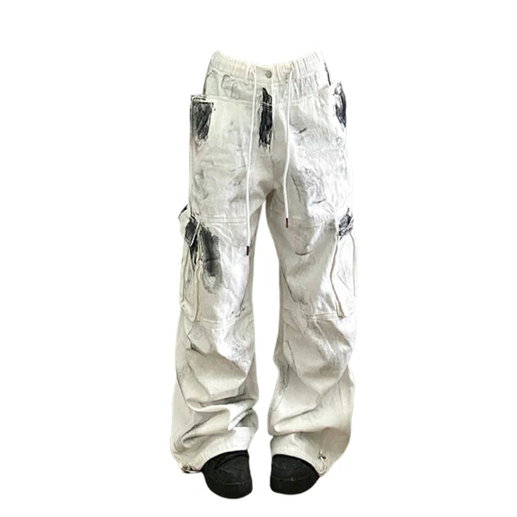 Women's White Cargo Jeans Y2k 90s Vintage High Waist Wide Leg Denim Trousers Harajuku Baggy Jean Pants 2000s Trashy Clothes