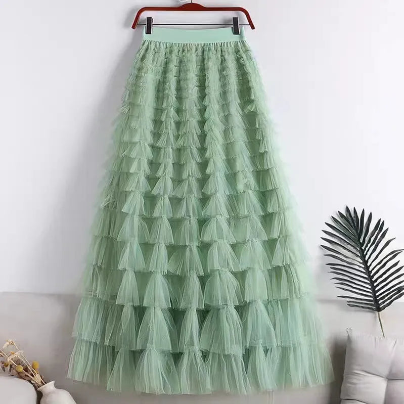 Spring Summer Women High Waist Slim Long Skirt Lolita Style Sweet Multilayered Mesh Patchwork Cake Skirt light green One Size