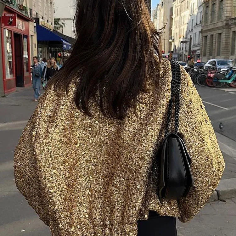 TRAFZA Women Fashion Shiny Sequin Jacket Y2k Gold Color Stand Collar Long Sleeve Short Coat Autumn Winter Ladies High Streetwear