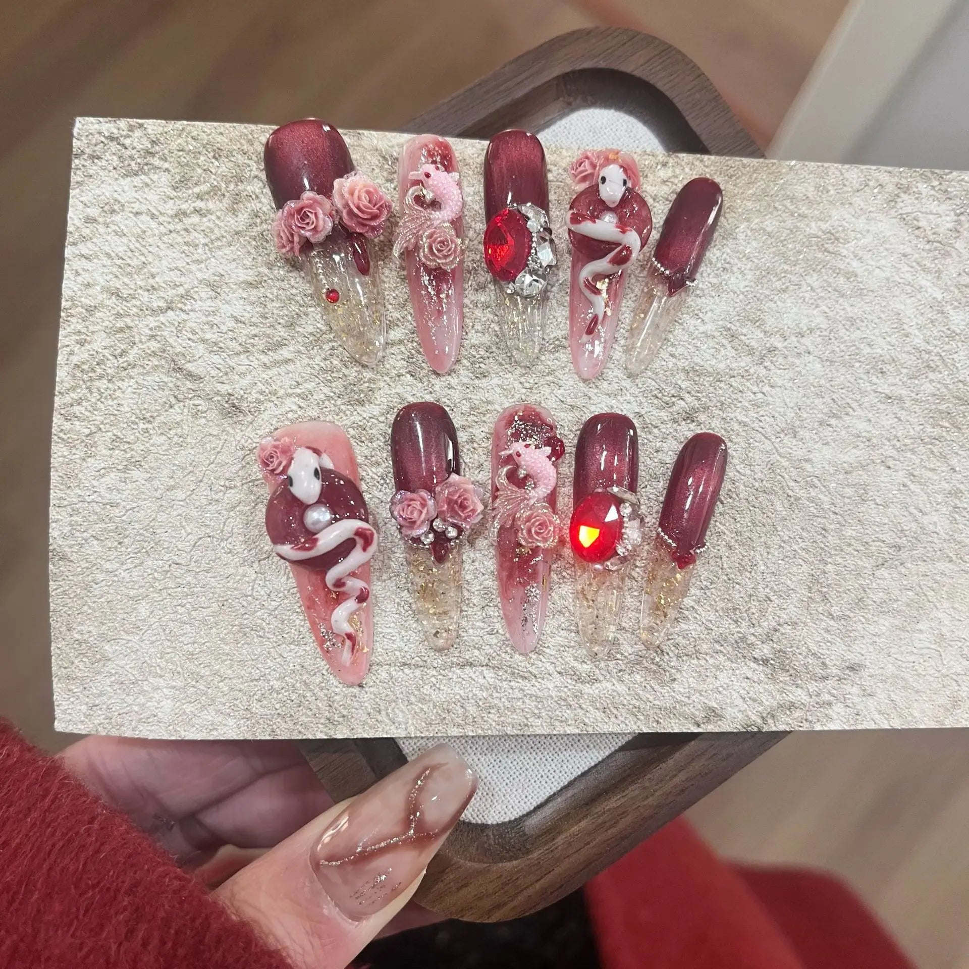 10Pcs Handmade Wine Red Fake Nails with Butterfly Rhinestone Design Long Almond Detachable Fashion Manicure Full Cover Nail Tips