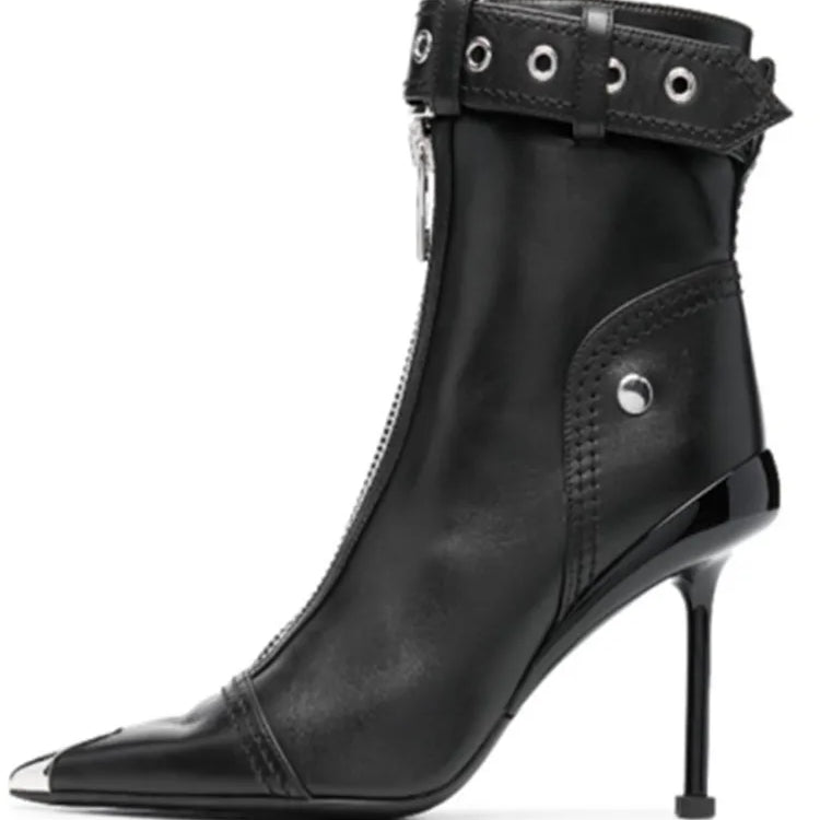 Women's Autumn and Winter New High Heel Ankle Boots Fashion Pointed Zipper Belt Buckle Women's Boots Large Short Boot Black