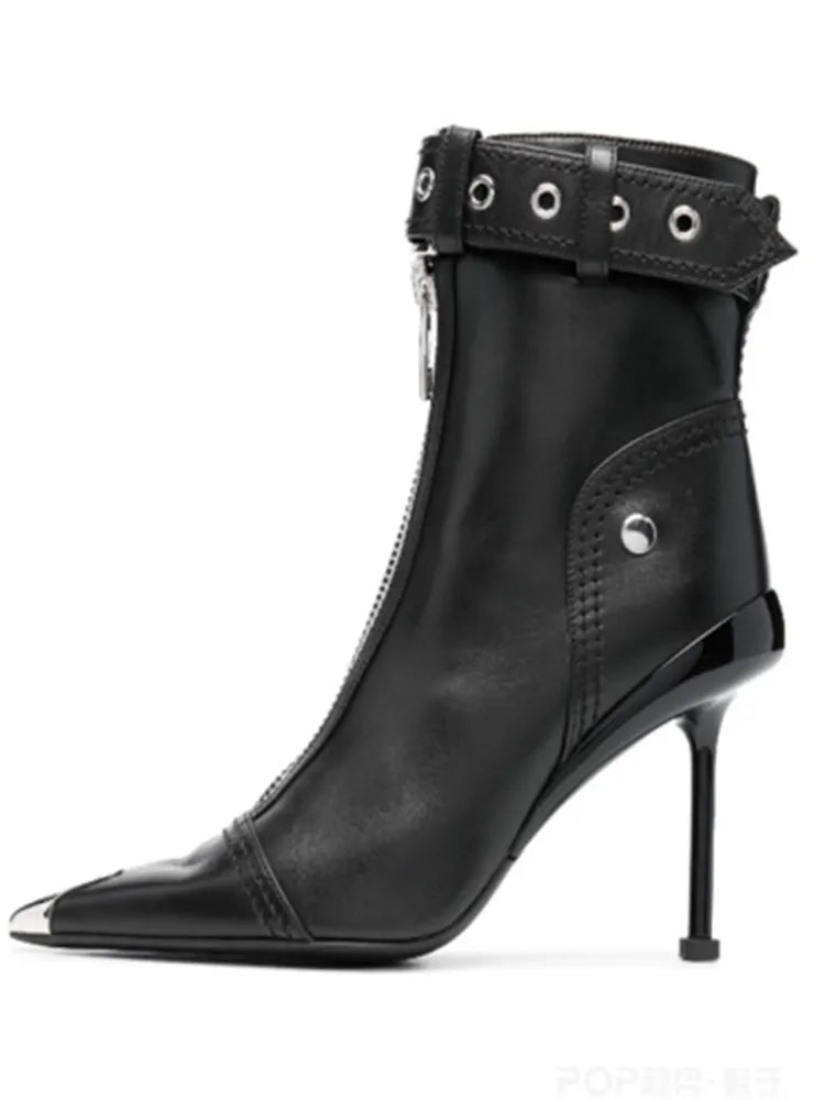 Women's Autumn and Winter New High Heel Ankle Boots Fashion Pointed Zipper Belt Buckle Women's Boots Large Short Boot Black