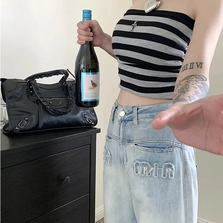 Y2K American Retro Gothic Wide Legged New Worn Out Washed Loose Slim Straight Floor Dragging Jeans