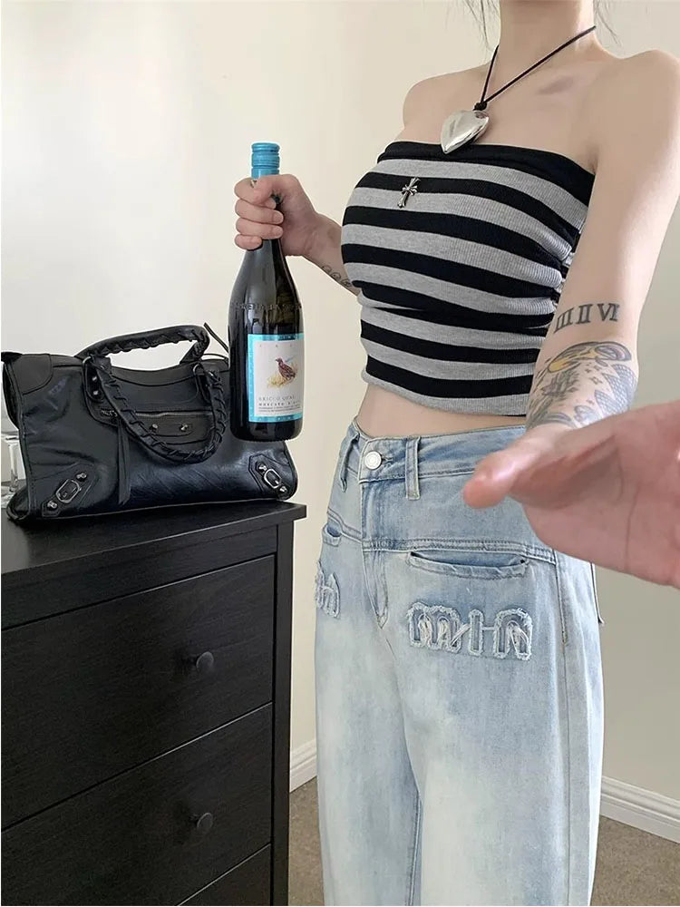 Y2K American Retro Gothic Wide Legged New Worn Out Washed Loose Slim Straight Floor Dragging Jeans