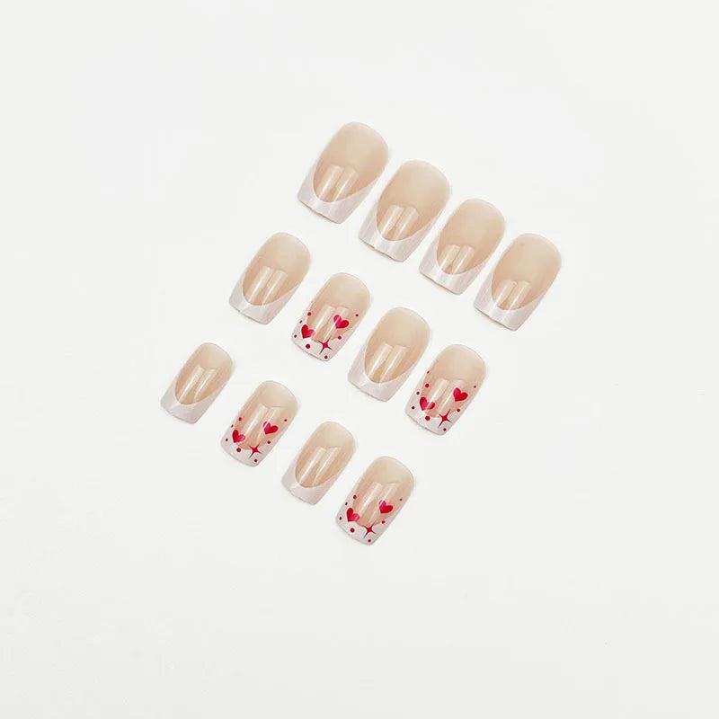 White French Fake Nails Nude Color Short Square Press On Nail Red Love Heart/Star/Dot Printed Women Valentine's Day DIY Manicure