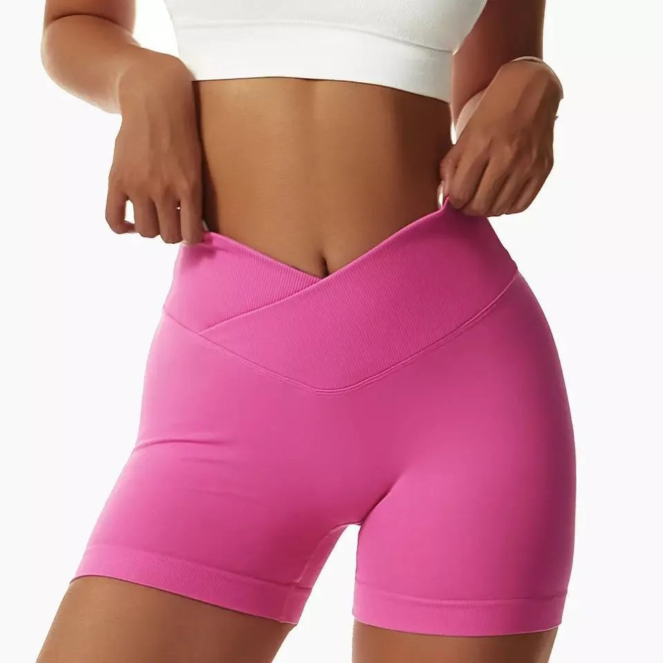 STOUREG Summer V-Waist Yoga Sport Shorts for Women,Peach Hip Sport Tights Triple Biker Workout Gym Clothing Seamless Shorts Rose red