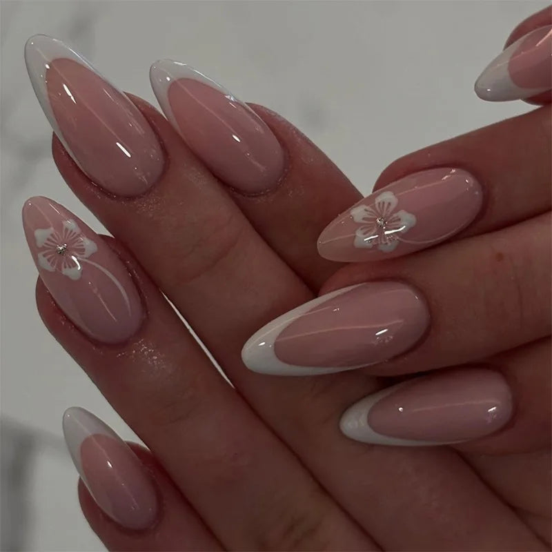 24Pcs Nude French Almond False with Nails Irregular White Edge Design Press on Nails Tips Simple Datachable Full Cover Fake Nail