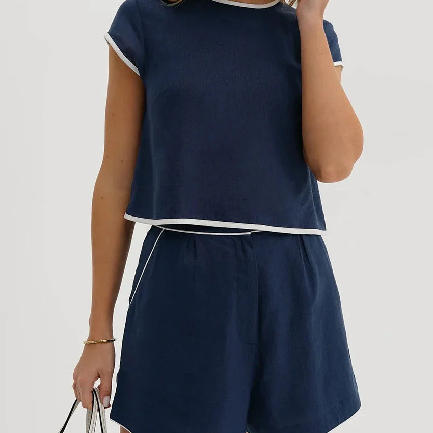 Clacive Casual Loose Blue Cotton 2 Piece Sets Women Outfit Elegant Short Sleeve Shirt With High Waist Shorts Set Female Blue