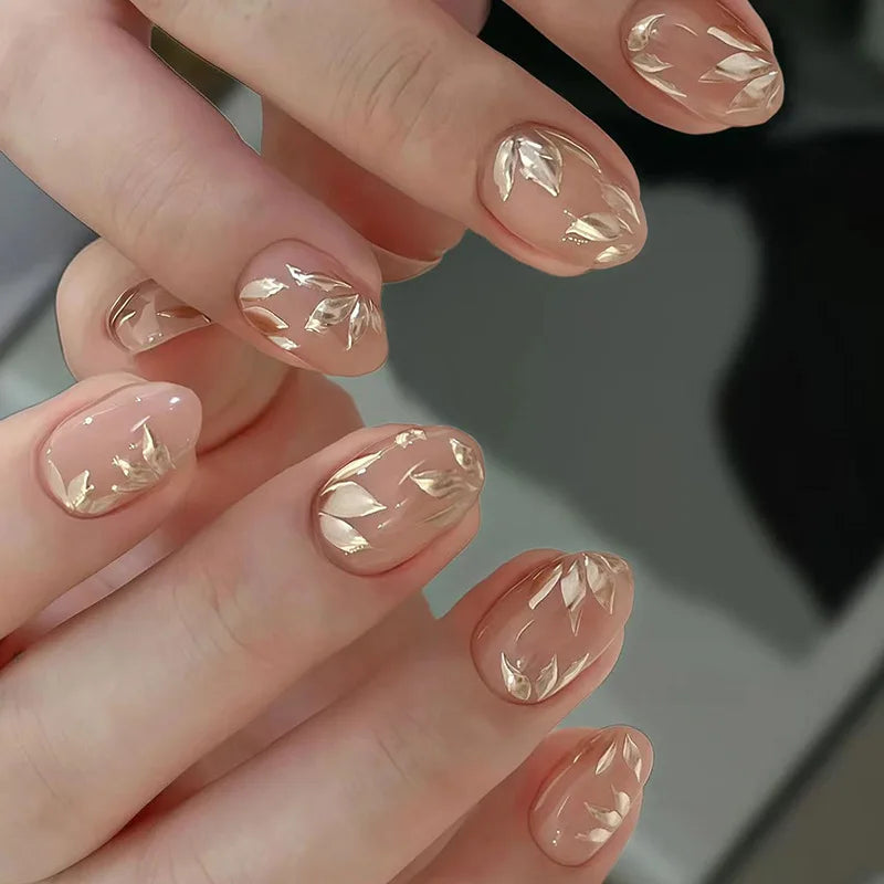 24Pcs Short Round Head Nails Set Press on Golden Edge French Design Fake Nails Tips Wearable Almond Full Cover False Nail Patch