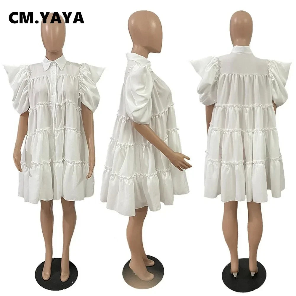 CM.YAYA Elegant Women Puff Short Sleeve Smock Dress  2022 Summer Chic Big Swing Loose Turn-down Neck Sundress Vestidos