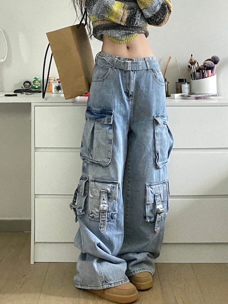 Autumn Winter New Ladies Cargo Jeans American Street Style Baggy Cargo Pants Women Blue Multi-pocket Wide Leg Jeans for Women Blue