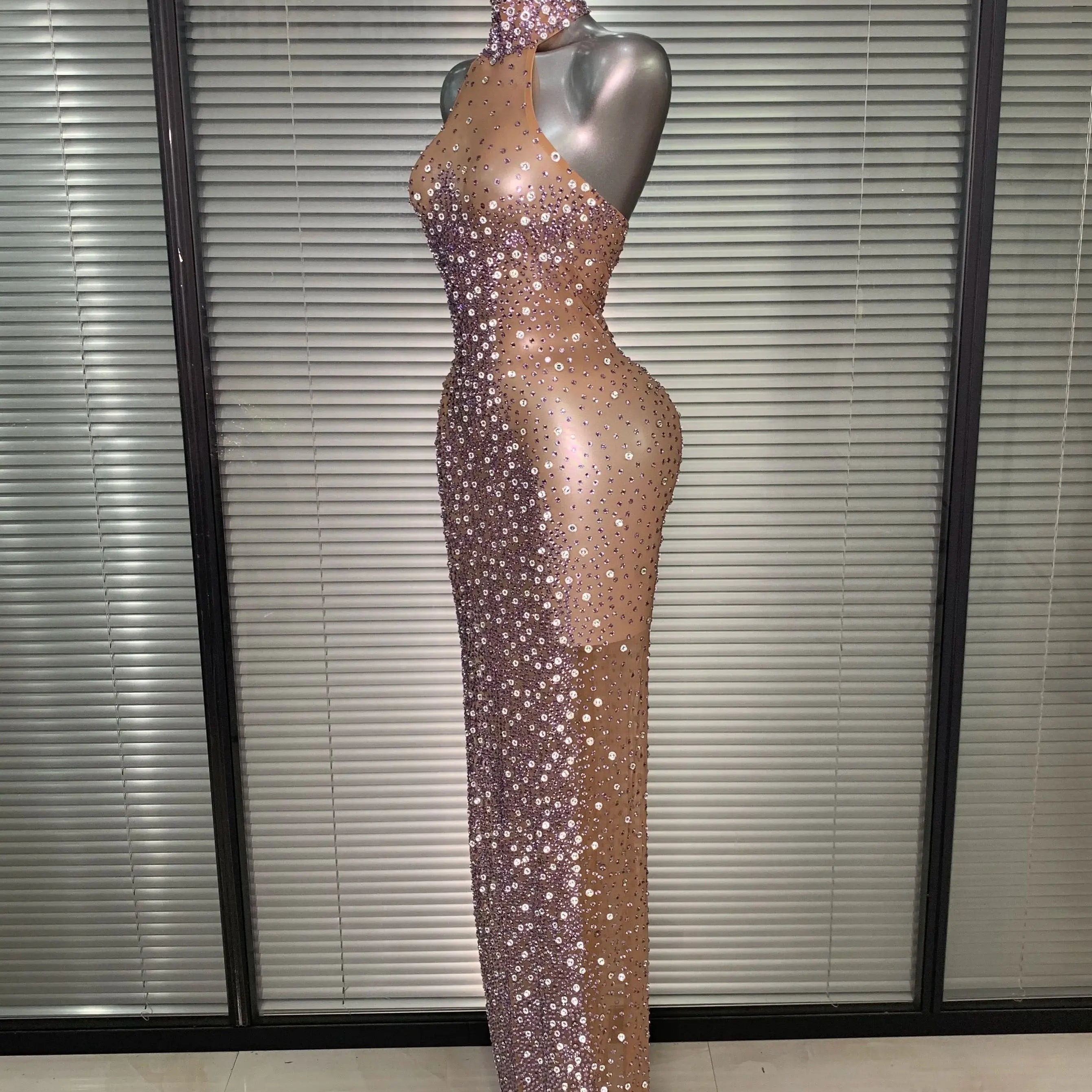 Women Sexy Mesh Crystal Diamonds Shinning Maxi Dress See Through Sheer Party Singer Stage Performance Costume