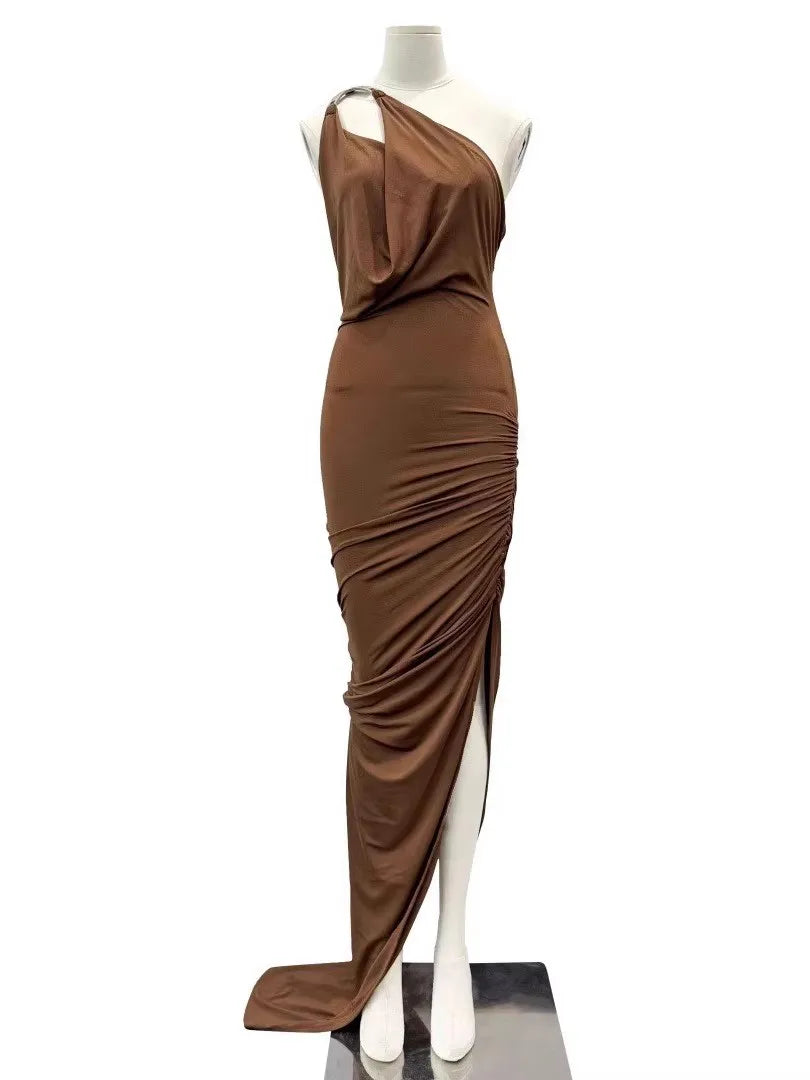 TWOTWINSTYLE Solid Slimming Spliced Folds Irregular Dresses for Women Diagonal Collar Sleeveless Split Dress Femlae Clothing New