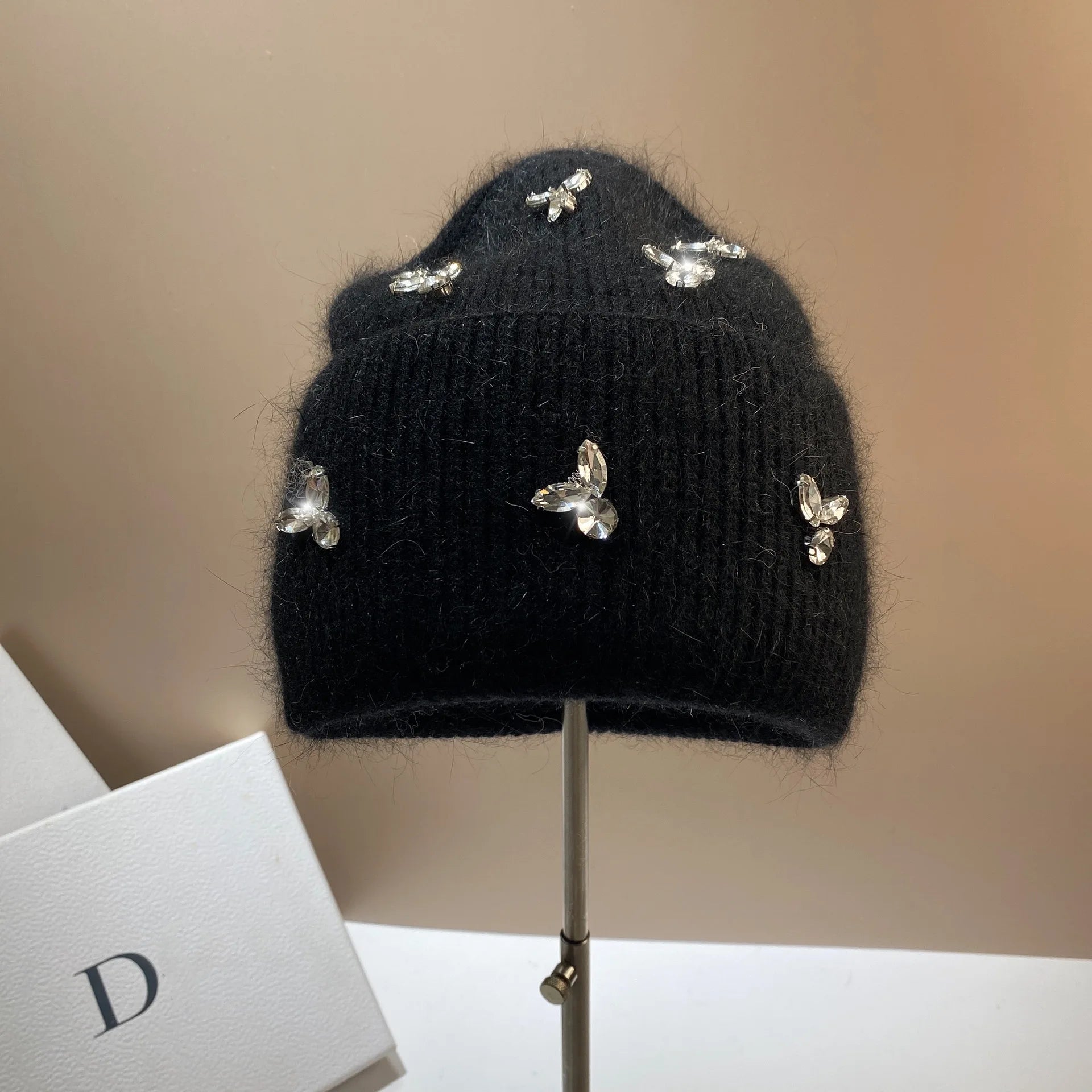 Luxury Rhinestones Fashion Women's Winter Hats Real Rabbit Fur Lady Warm Knitted Hat Outdoor Wool Skullies Beanies Skiing Caps black