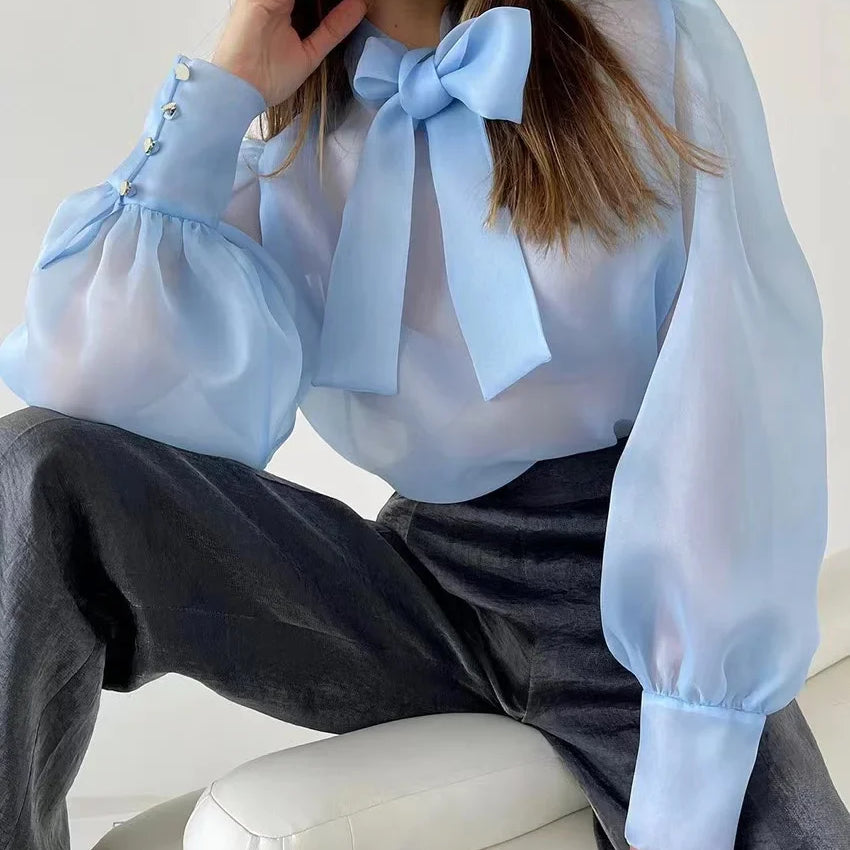 New Mesh Shirts Women Elegant Puff Sleeve Bow Lace Up Blouses Office Ladies Fashion Solid Color Casual Loose Sexy Blouse
