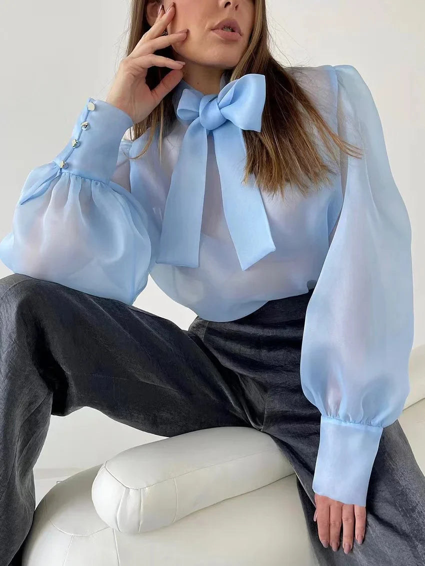 New Mesh Shirts Women Elegant Puff Sleeve Bow Lace Up Blouses Office Ladies Fashion Solid Color Casual Loose Sexy Blouse