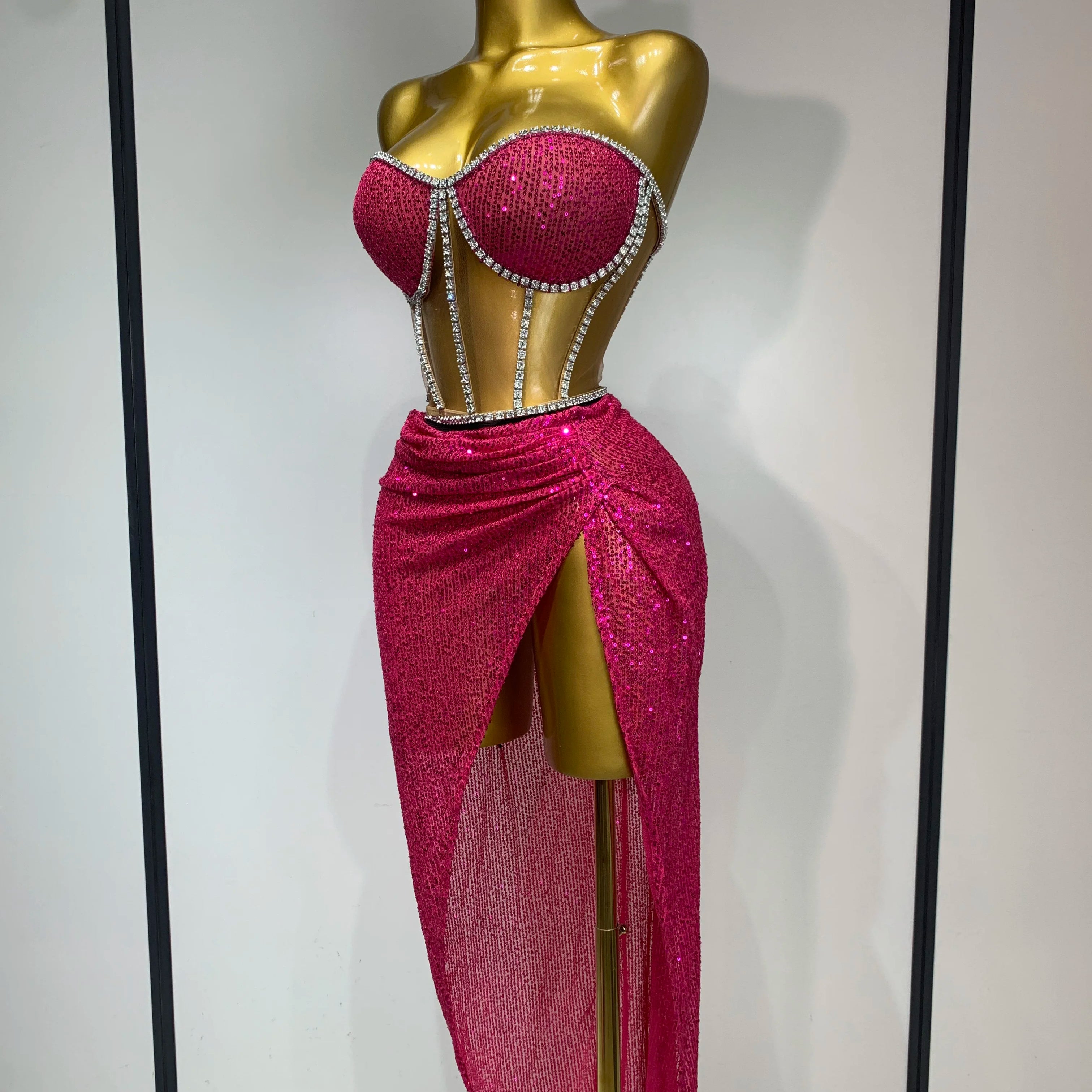 Women Sparkly Rhinestones Sequins Sexy Mesh Two Piece Set Evening Birthday Party Dress Nightclub Stage Performance Costumes