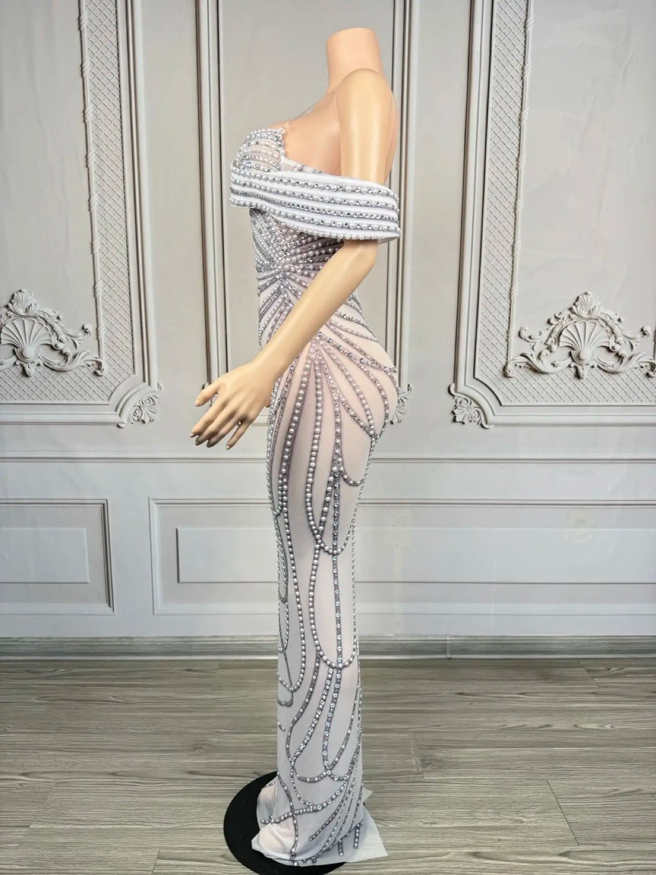High-end Luxury Pearls Elegant Evening Gown Sheer Mesh Tight Fitting Long Dress Festival Prom Outfit Club Wear Party Dress Moli