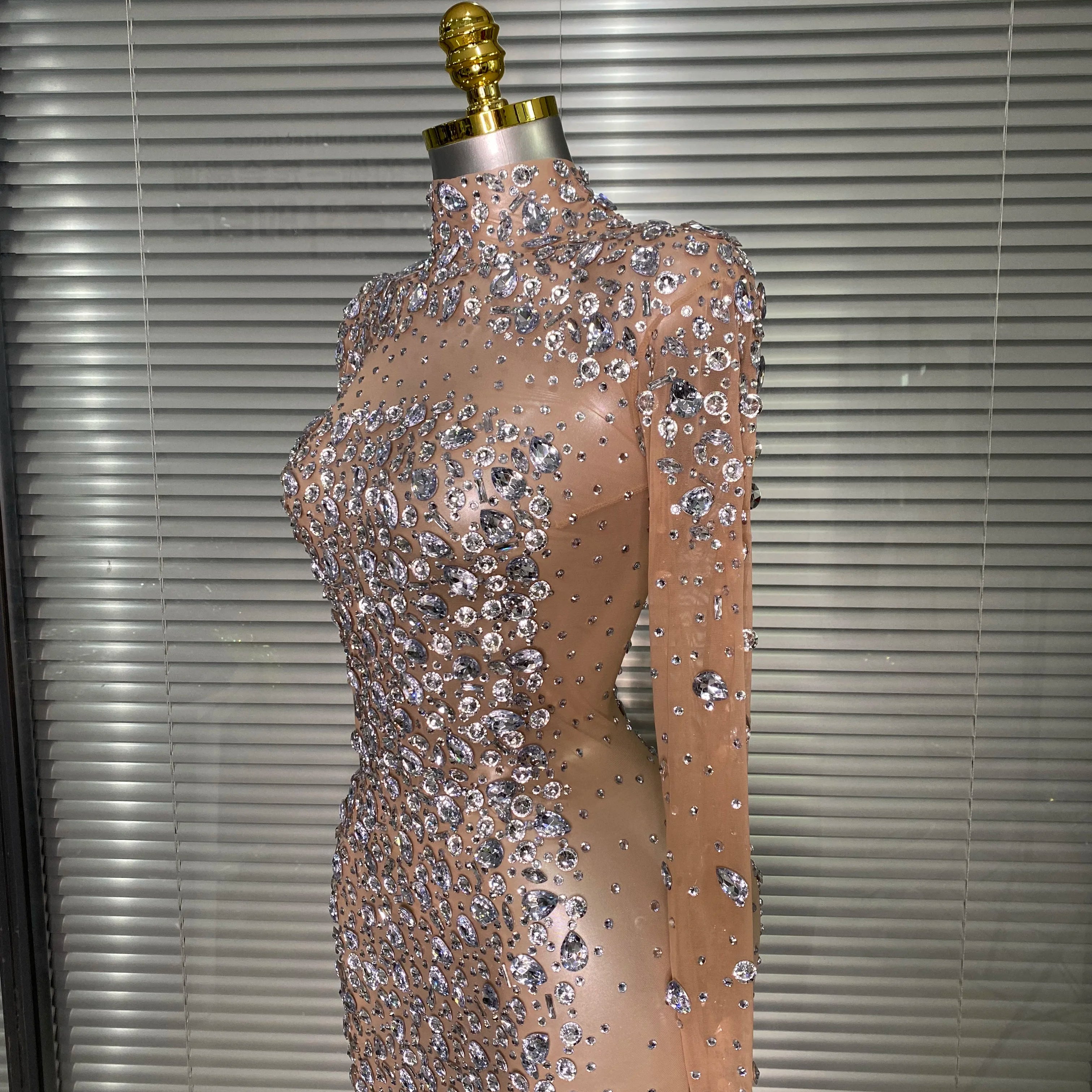 New Women Sexy Long Sleeve See Through Crystal Diamonds Maxi Dress Birthday Party Costume Bar Skin Singer Stage Costume