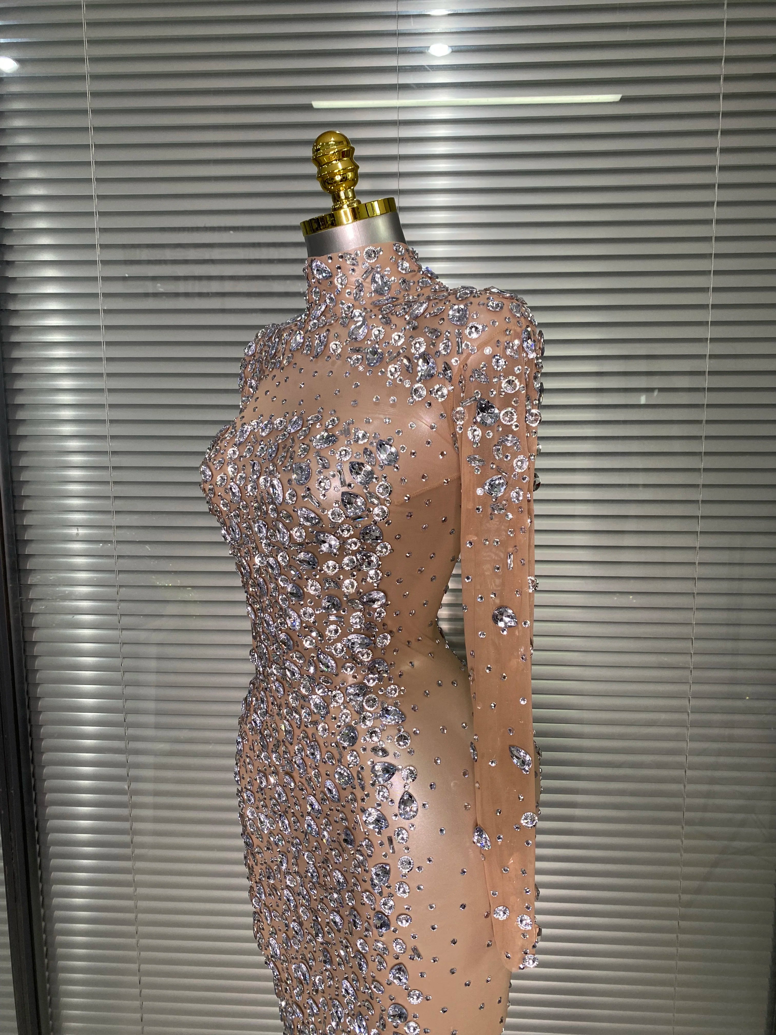 New Women Sexy Long Sleeve See Through Crystal Diamonds Maxi Dress Birthday Party Costume Bar Skin Singer Stage Costume